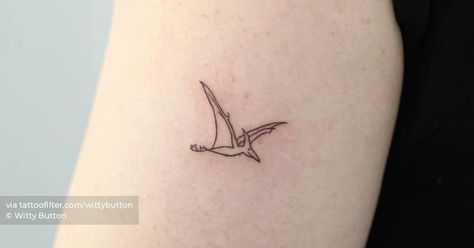 Pterodactyl tattoo done on the inner arm, minimalistic Minimalist Dinosaur Tattoo, Pterodactyl Tattoo, Line Animals, Button Tags, Minimalist Line Art, Dainty Tattoos, Little Tattoos, Fine Line Tattoos, Line Tattoos