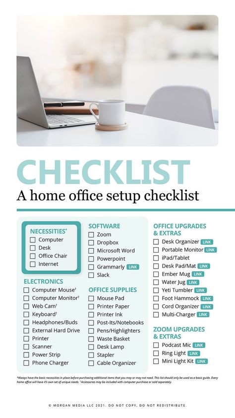 Home office setup checklist: Must-haves for work from home professionals New Office Supply Checklist, Accountant Home Office Ideas, Stay At Home Office Ideas, Basic Office Supplies List, At Home Work Desk Office Ideas, At Home Business Office, New Office Checklist, Productive Office Setup, Wfh Office Decor