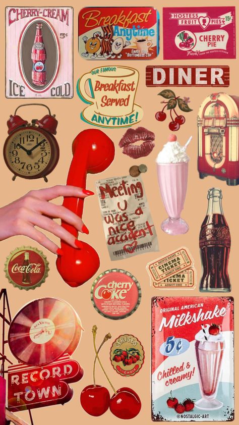 #red #retro #diner 1950 Diner Aesthetic, Red Pink Aesthetic Vintage, Retro Diner Color Palette, 50s Branding, 50’s Diner, Grease Moodboard, 1950s Diner Aesthetic, 1940s Diner, 50s Diner Aesthetic