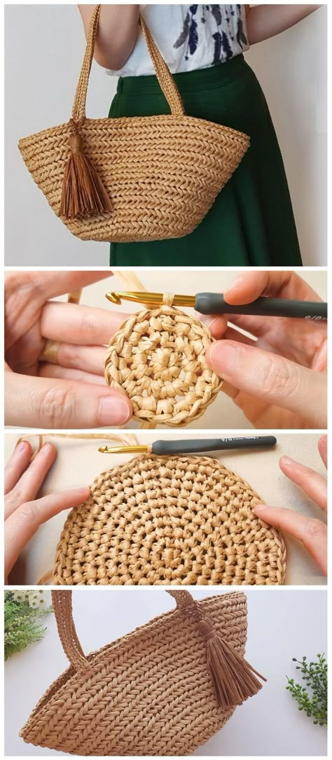 Herringbone Bag Crochet Tutorial - Design Peak Basket Bag Crochet, Crochet Rope Bag, Raffia Bag Crochet Pattern, Crochet Bag Raffia, Crochet Raffia Bag Pattern, Tutorial Crochet Bag, Basket Bag Pattern, Raffia Bag Pattern, Crochet Basket Bag