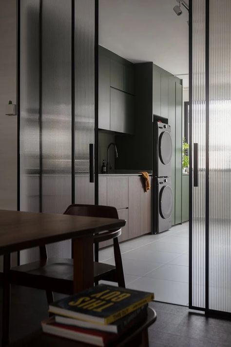 This HDB Flat Is A Cosy Oasis Where Retro Meets Modern Living Hdb Service Yard Design, Kitchen Semi Open, Kitchen Sliding Door Design, Sliding Door Kitchen Living Room, Mini Airbnb, Service Yard Hdb Ideas, Kitchen Ideas Hdb, Muji Living Room, Sliding Door Kitchen