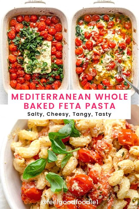 Baked feta pasta is a simple recipe made by oven roasting a block of feta cheese with cherry tomatoes to create a salty and cheesy sauce! Pasta Recipes | #uunifetapasta | Cheesy Pasta | Mediterranean Recipes | Sheet Pan Feta Pasta, Mediterranean Feta Pasta, Block Feta Tomato Pasta, Feta Cheese Grape Tomatoes Pasta, Tomatoes And Mozzarella Pasta, Tick Tock Tomato Feta Pasta, Oven Baked Pasta Recipes Healthy, Bakes Feta And Tomato, Healthy Feta Pasta