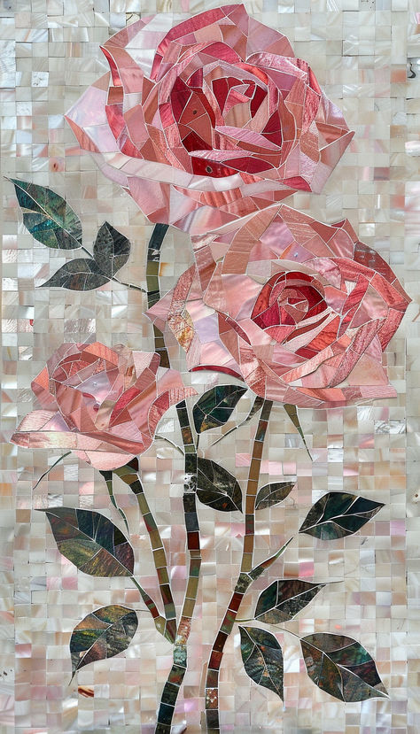 Mother of Pearl Mosaic Long Stem Pink Roses Aesthetic Mosaic Art, Mosaic Roses, Aesthetic Mosaic, Mozaik Art, Mosaic Rose, Realistic Flower Drawing, Pink Mosaic, Mother Of Pearl Mosaic, Mosaic Art Diy