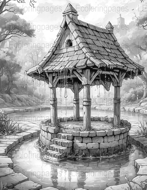 Enchanted Wishing Well coloring page in grayscale for adults to relieve. #Wishing_Well_Tattoo #Fantasy_Elements #Lego_Coloring_Pages #Tranquil_Garden Fantasy Coloring Pages For Adults Unique, Scenery Coloring Pages, Well Drawing, Fantasy Elements, Lego Coloring Pages, Tranquil Garden, Pencil Drawings Of Flowers, Drawing Scenery, Enchanting Garden