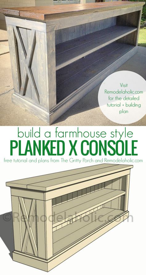 This sideboard can be used is so many different ways. Love this style! DIY tutorial and plans to build your own farmhouse style planked X console for a TV or dining room sideboard. Building plans at Remodelaholic.com #remodelaholic #buildingplans #sideboard #farmhousestyle #farmhouse Farmhouse Tv Console, Jar Projects, Dining Room Sideboard, Into The Wood, Diy Holz, Sideboard Console, Farmhouse Furniture, Into The Woods, Tv Console