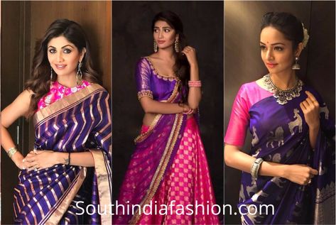 Color Combinations that are Incredible and Work Wonders with Pink- trend Dark Pink Saree Contrast Blouse, Pink Combination, Long Blouse Designs, Pink Color Combination, Combination Dresses, Pink Contrast, Saree Blouse Patterns, Fashion Forecasting, Designer Saree Blouse Patterns