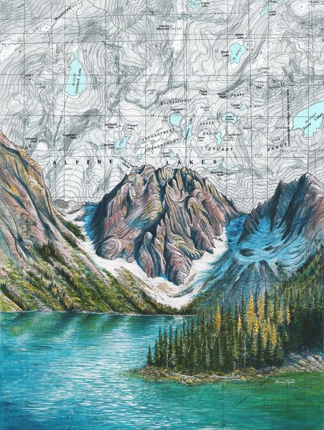 Colchuck Lake Wall Art, the Enchantments Painting Print Illustration, Washington Mountain Print Alpine Lake Mountain Art Map Art - Etsy Map Collage Art, Colchuck Lake, Painted Map, Washington Mountains, Topography Map, The Enchantments, Nature Posters, Alpine Lake, Print Illustration