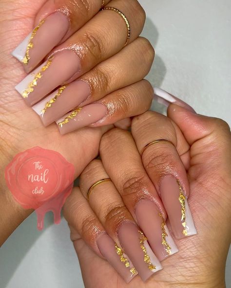 Gold Foil On Nails, Acrylic Nails With Gold Foil, Pink White And Gold Nails, White And Gold Acrylics, Milky White Marble Nails, Gold And White Nail Designs, White And Gold Nail Designs, Gold And White Nails, White Gold Nails