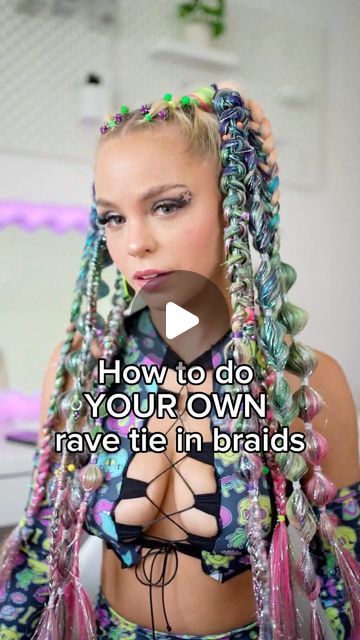 Festival & Rave Clothing on Instagram: "PART 1 - how to create your own custom tie in rave braids for your next festival / rave   All my hair videos are on a playlist on my TT 💓  #raver #ravehair #ravehairtutorial #festivaloutfit #ravefashion #ravehairstyles #festivalfashion #festivalhair" Braided Rave Hair, Rave Braids Tutorial, Rave Braids Festival Hair, Festival Hair Tutorial, Festival Hair Braids, Concert Hair, Rave Hairstyles, Festival Braid, Rave Braids