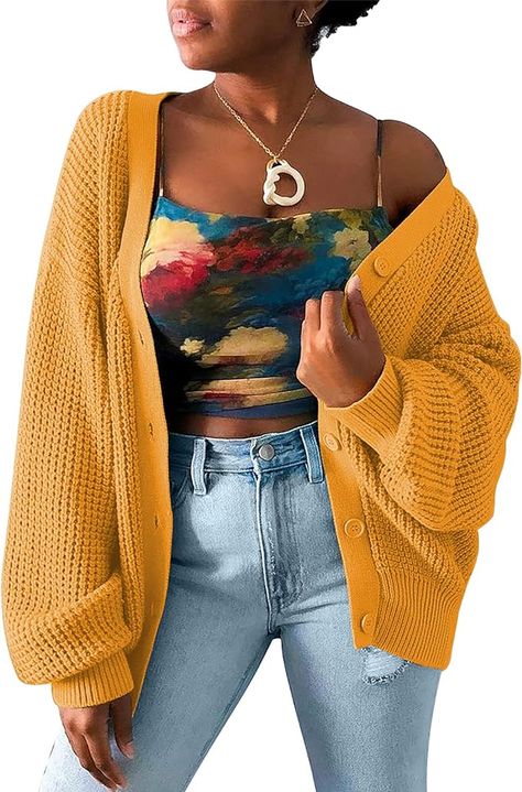 QUALFORT Women's Cardigan Sweater 100% Cotton Button-Down Long Sleeve Oversized Knit Cardigans Mustard Cardigan, Cardigan Oversized, Oversized Knit Cardigan, Soft Cardigan, Winter Outfits For Work, Cardigan Pattern, Cardigan Sweaters For Women, Cozy Fashion, Floral Shirt