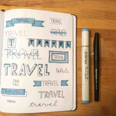 Roadtrip Journal Ideas, Travel Journal Doodles, Bujo Travel Planning, Travel Title Ideas, Travel Journal Title Page, Bullet Journal Travel Page, Trip Journal Ideas, Travel Bullet Journal Ideas, Travel Bullet Journal