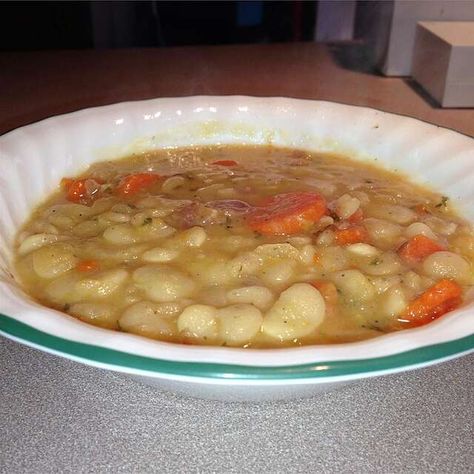 Dad's Lima Bean Soup with Ham Bone Recipe | Allrecipes Bean Soup Recipes Crockpot, Ham Bone And Bean Soup, Bean Soup With Ham Bone, Soup With Ham Bone, Soup Recipes Crockpot, Lima Beans And Ham, Bean Soup With Ham, Ham Bone Recipes, Asian Entrees