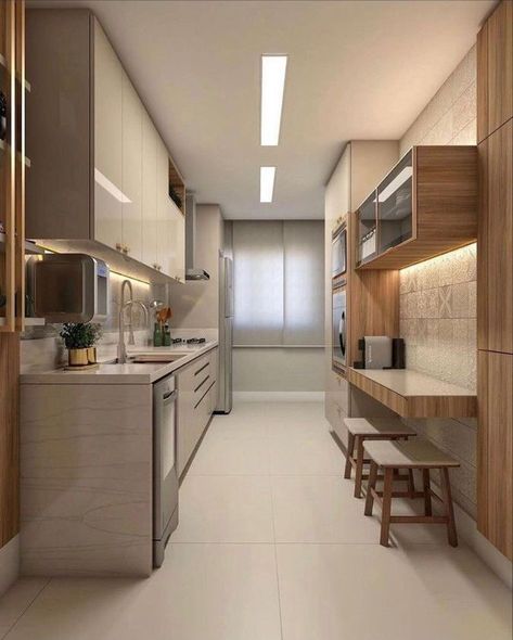 Long Kitchen Layout Narrow, Narrow Kitchen Layout, Narrow Kitchen Design, Long Narrow Kitchen, Dark Cabinets Backsplash, Decor Kitchen Ideas, Tiny Kitchen Design, Light Floors, Galley Kitchen Design