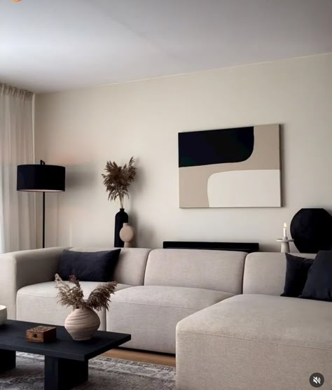 Neutral And Black House Decor, Black Living Room Lamp, White And Black Modern Living Room, Black Accent Furniture Living Rooms, Black Cream And Wood Living Room, Beige Couch With Black Accents, Black And White Gold Living Room, Apartment Decorating Modern Chic, Living Room Dog Friendly