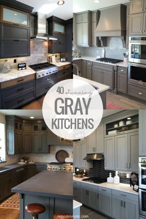 40 Stunning All Gray Kitchens with Gray Kitchen Cabinets | This collection of gray kitchens features dark gray cabinets, light gray cabinets, two tone wood and gray cabinets, plus 35 more gray and white kitchen cabinets. #remodelaholic #graykitchen #gray #grey #kitchendesign Gray Kitchen Cabinets With Dark Floors, Gray Kitchen Cabinets With Wood Island, Grey Kitchen Cabinets With Black Counter, Lite Gray Kitchen Cabinets, Grey Cabinets Kitchen With Black Hardware, Gray Cabinets Dark Countertops, Dark Gray Kitchen Cabinets With Light Gray Walls, Grey Kitchen Cabinets With Wood Island, Dark Grey Kitchen Walls White Cabinets