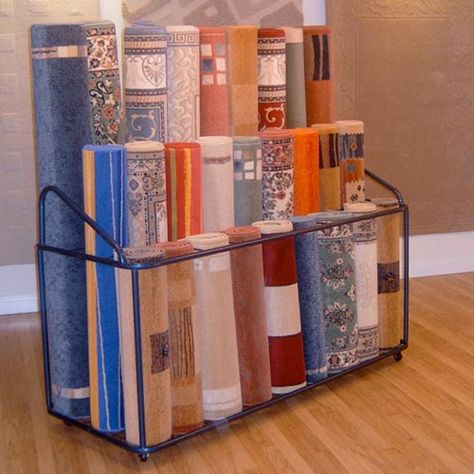 How To Display Rugs In Store, Fabric Shop Display Ideas, Rug Display Ideas Retail, Carpet Store Design, Unit Renovation, Rug Display, Fabric Shop Display, Rugs Display, Prop Storage