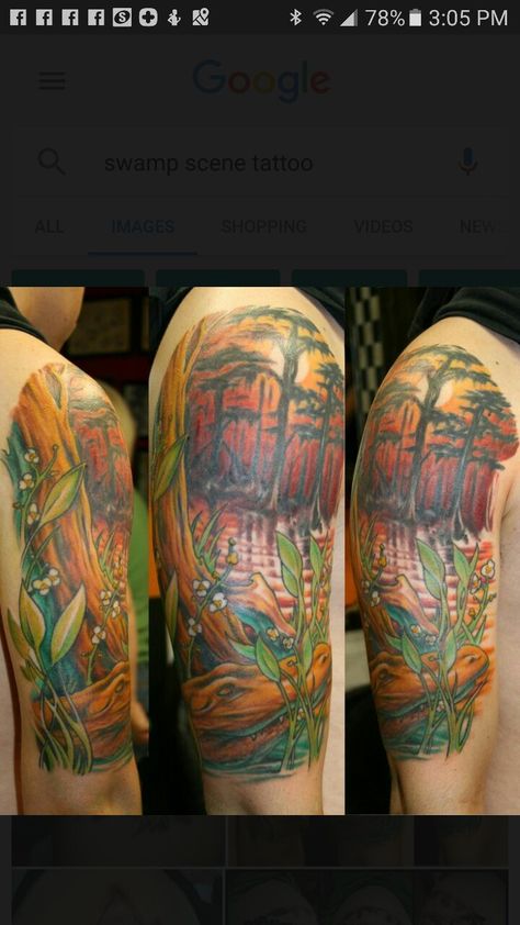 Lousiana swamp tattoo Bayou Tattoo, Louisiana Tattoo Sleeve, Swamp Tattoo Ideas, Florida Swamp Tattoo, Louisiana Tattoo Ideas, Swamp Tattoo, Shoulder Tattoo For Men, Louisiana Swamp Art, Louisiana Tattoo