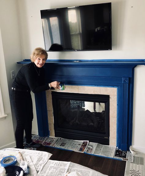 Oh Yes, I painted our fireplace blue! Painted Mantle Ideas, Blue Fireplace, Painted Mantle, Black Mantle, Fireplace Trim, Diy Fireplace Mantel, Navy Paint, Basement Remodel Diy, White Tile Backsplash