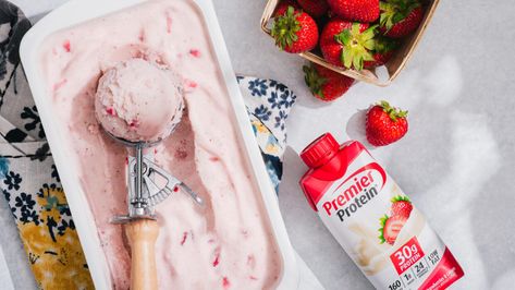 Strawberry Ice Cream | Premier Protein Protein Drink Recipes, Protein Ice Cream Recipe, Strawberry Ice Cream Recipe, Premier Protein Shakes, Strawberry Protein, Ice Cream Maker Recipes, Premier Protein, Protein Pudding, Protein Ice Cream