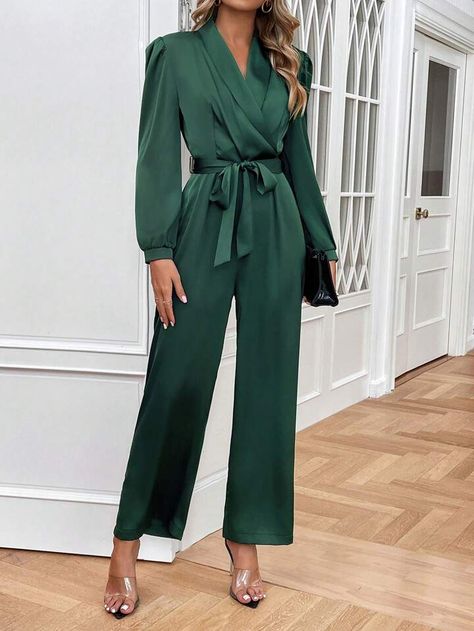 SHEIN Frenchy Shawl Collar Puff Sleeve Belted Jumpsuit | SHEIN USA Satin Jumpsuit Wedding, Jumpsuit Hijab Outfit, Jumpsuit Hijab, Elegant Silk Dresses, Collar Jumpsuit, Belted Jumpsuit, Satin Jumpsuit, Silk Jumpsuit, Belt Jumpsuit