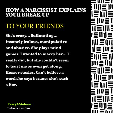 A #narcissist will always make you out to be the sole cause of your break up. Who cares? Let it roll off your back and look at the bright side: you're free! #narcissism #covertnarcissist #narcissisticabuse #narcissistabusesupport #tracyamalone #divorcingyournarcissist #divorcinganarcissist #youcantmakethisshitup Can Narcissists Love, Look At The Bright Side, Causes Of Narcissism, How Narcissists Argue, Let It Roll, The Narcissists New Supply, Do Narcissists Come Back, Can Narcissists Change?, Narcissism Relationships