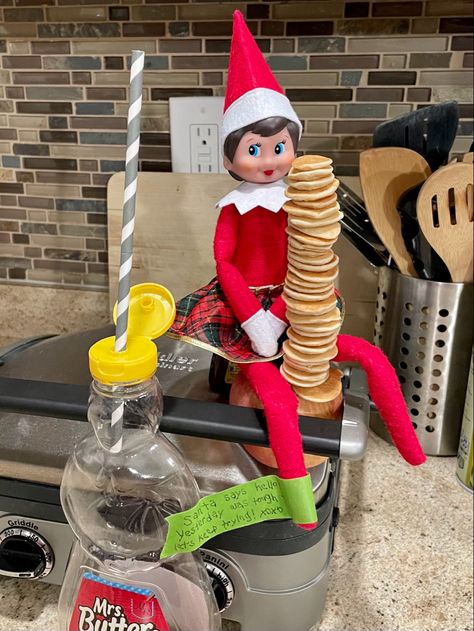 Elf Shenanigans, Mini Pancakes, Deck The Halls, On The Shelf, Elf On The Shelf, Pancakes, Elf, Christmas Decorations, Christmas