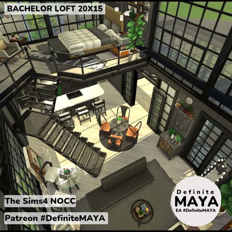 NOCC/ Mod-Free/ Need Packs***Download from EA gallery #DefiniteMAYA *** Support me on Patreon *** Sims 4 Houses Loft, Sims 4 Loft Download, Sims 4 Loft House Download, Loft House Sims 4, Sims Studio Apartment, Bachelor Loft, Sims Tips, Sims4 Lots, Loft House Ideas