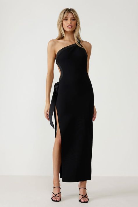 Black Dresses & Accessories - For Hire | All The Dresses Black Dress Accessories, Asymmetric Neckline, Dress Home, Dress Rental, Satin Bow, Black Dresses, Top Trends, White Tops, Color Trends