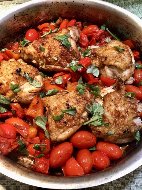 Skillet Chicken With Peppers and Tomatoes Chicken With Peppers And Tomatoes, Chicken With Peppers, Chicken Tomatoes, Vinegar And Honey, Onion Chicken, Sherry Vinegar, Savory Dishes, Stuffed Poblano Peppers, Chicken Stuffed Peppers