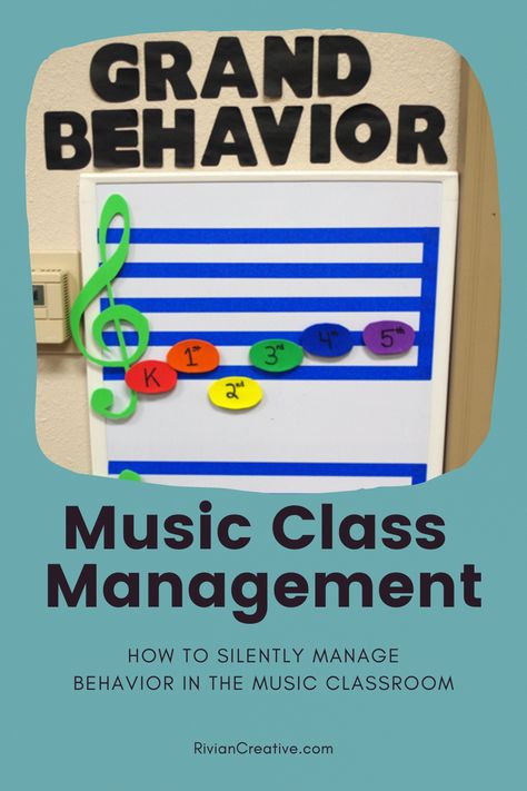 Grand Behavior - Music Classroom Management Tool When a music class is misbehaving, or their behavior isn’t “grand” – they lose a letter at the whiteboard. If later they show me behavior that is “grand” they can earn a letter back. At the end of class time, if they still have all of their letters they have had “Grand Behavior” and they get to move up a spot on the grand staff. Read more on our blog! RivianCreative.com/Grand-Behavior Music Behavior Chart, Music Behavior Management, Music Class Behavior Management, Elementary Music Bulletin Board Ideas, Music Class Aesthetic, Elementary Music Classroom Setup, Music Classroom Ideas, Music Class Rules, Music Organization