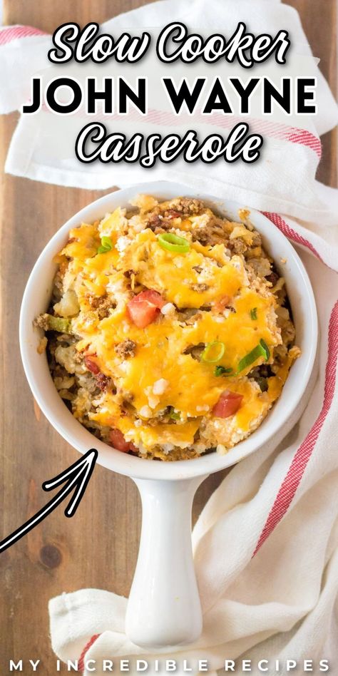 Slow cooker John Wayne casserole is the most delicious meal you will ever make--and it's so easy too! This casserole is filled with flavorful meat and filling tater tots, making it perfect for lunch or dinner. This casserole is also made in the slow cooker so you can get dinner on the table without the mess or stress. Try this John Wayne casserole today! John Wayne Casserole Recipe, John Wayne Casserole, Frozen Hashbrowns, Crockpot Casserole, Tater Tots, Incredible Recipes, Crockpot Recipes Slow Cooker, Easy Casserole Recipes, Easy Casserole