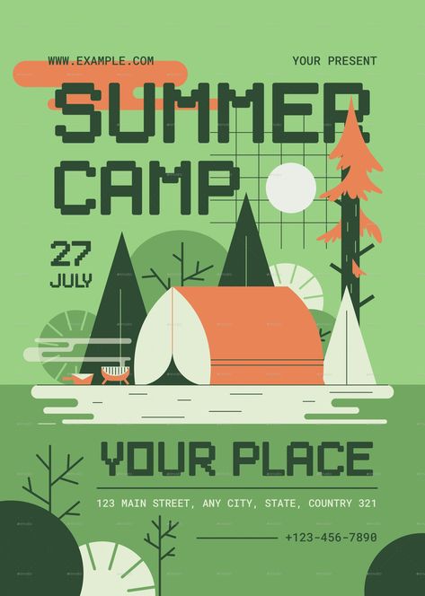 Green Modern Summer Camp Flyer Summer Camp Ads, Camp Poster Design, Camp Design Ideas, Publicity Ideas, Camp Flyer, Camping Images, Camp Design, Summer Day Camp, Graphic Design Portfolio Layout