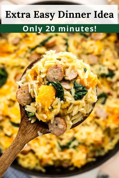 This Chicken Sausage and Butternut Squash Orzo is a total lifesaver for busy nights. All you need is 5 minutes of prep and one pot to get a cozy, hearty meal on the table. Sage, parmesan, and orzo make it super comforting and flavorful! Butternut Squash Parmesan, Butternut Squash Orzo, Sausage And Butternut Squash, Squash Orzo, Orzo With Chicken, Sausage Orzo, Quick Family Dinners, Creamy Butternut Squash, Easy Weekday Meals