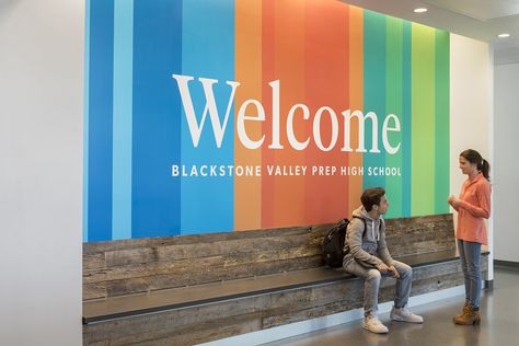 Blackstone Valley Prep High School – Arrowstreet High School Lobby Design, School Signage Design Outdoor, Cool Classrooms High School, Welcome Wall Art, High School Reception Design, High School Decorations Hallways, School Entry Design, School Interior Design Lobby, School Lobby Design Entrance