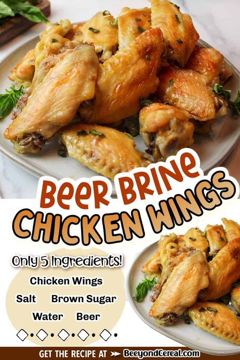 How to make tasty and juicy oven baked chicken wings with a homemade beer brine. With this recipe you can make flavorful, juicy, and perfectly cooked chicken wings every time. Even better, they go perfect with football games as appetizers or side dishes and they'd be great at your next BBQ too! Beer Brined Chicken Wings, Chicken Wing Brine Recipes, Brine For Chicken Wings Recipe, Beer Brine, Brined Chicken Wings, Chicken Wing Brine, Juicy Oven Baked Chicken, Baking With Beer, Oven Baked Chicken Wings