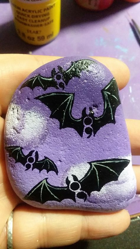 Bats semicolon project painted rock- kindness rocks project Bat Semicolon Tattoo, Bat Painted Rocks, Bat Painting Ideas, Kindness Rocks Project, Colon Tattoo, Semicolon Project, Matching Friend Tattoos, Matching Friend, Art Therapy Projects