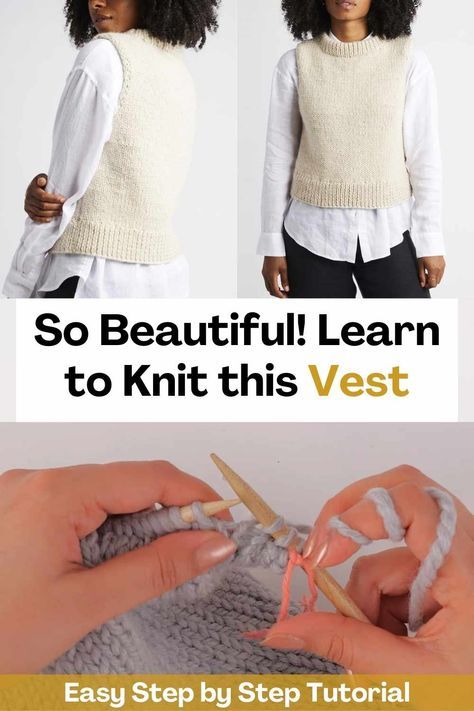 Thanks to this video tutorial you will be able to learn how to knit this beautiful vest. This knitting project is perfect for makers who already have a few projects under their belt or beginners who feel more confident! In this video you will find all the instructions you need, from mounting, 1x1 rib stitch and stockinette stitch to shape techniques, changing your ball of yarn, finishing off and joining your pieces. So if you are interested in improving your sewing skills, this tutorial is... How To Knit A Vest For Beginners, Sweater Vest Knitting Pattern Free, Vest Knitting Patterns For Women, Knitted Vest Patterns Free For Women, Sleeveless Vest Pattern, Baby Romper Crochet, Knitted Sleeveless Vest, Romper Crochet, Knit Vest Pattern Free