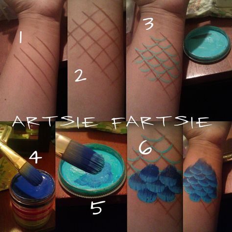 how to bodypaint mermaid scales pictorial How To Make Mermaid Scales, Mermaid Body Makeup, How To Paint Mermaid Scales, How To Paint Scales, Easy Mermaid Face Paint, Paint Mermaid Scales, Mermaid Bodypaint, Mermaid Scales Makeup, Easy Body Painting