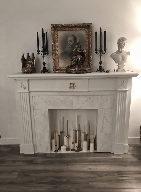 Dark Academia Fireplace Decor, Dark Academia Mantle Decor, White Gothic Interior, Light Academia Fireplace, Fireplace Inside Decor, Gothic Fireplace Decor, Dark Academia Mantle, Witchy Fireplace Decor, Brick Fireplace Decor Ideas