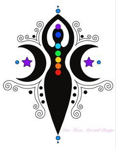 Pagan Drawings Art, Moon Goddess Drawing, Moon Tattoo Designs Goddesses, Seven Chakras Art, Goddess Symbol Tattoo, Chakra Drawings, Moon Goddess Painting, Chakra Symbols Art, Moon Goddess Tattoo