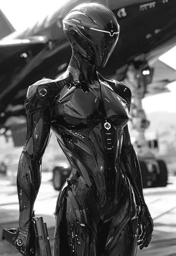 ↑↑↑ Larger size on website 🔸 A black and white image of a robotic figure, clad in a sleek, futuristic suit, stands in front of a  🔸 From Midjourney AI Image Humanoid Robot Concept Art, Robotic Suit, Scifi Robot, Futuristic Suit, Dark Cyberpunk, Sci Fi Robot, Intense Expression, Tech Armor, Futuristic Outfits