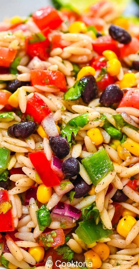 This healthy and delicious Cowboy Pasta Salad recipe is full of protein and veggies, perfect for a satisfying lunch or side dish. Try it out today! Pasta And Bean Salad, Cowboy Pasta Salad Recipe, Cool Salads, Pastaless Pasta Salad, Cold Salads For Summer, Orzo Salad Recipes Cold, Cowboy Pasta Salad, Orzo Recipes Side, Cowboy Pasta