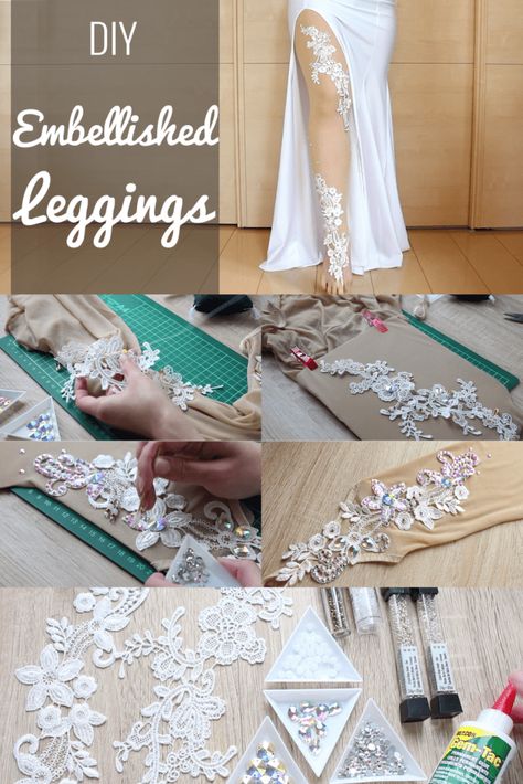 How To Make Dance Costumes, Bellydance Costume Diy, Diy Embellishments Clothes, Burlesque Costumes Diy, Belly Dance Costumes Diy, Embellished Tights, Belly Dance Clothes, Diy Leggings, Dance Diy