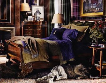 Love this "Scottish influenced" bedroom, courtesy of Ralph Lauren Home. And note the wolfhound lounging on the floor. Love the guy... Dark Moody Bedroom, Ralph Lauren Bedroom Ideas, Ralph Lauren Bedroom, Romans 1, Romans 10, Oak Floorboards, Deuteronomy 6, Bedroom Ideas Inspiration, Masculine Bedroom