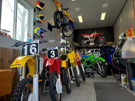 Dirt Bike Garage, Motocross Garage, Dirt Bike Shop, Bike Garage, Motorcross Bike, Fantasy League, Motorcycle Garage, Custom Garages, Garage Shop