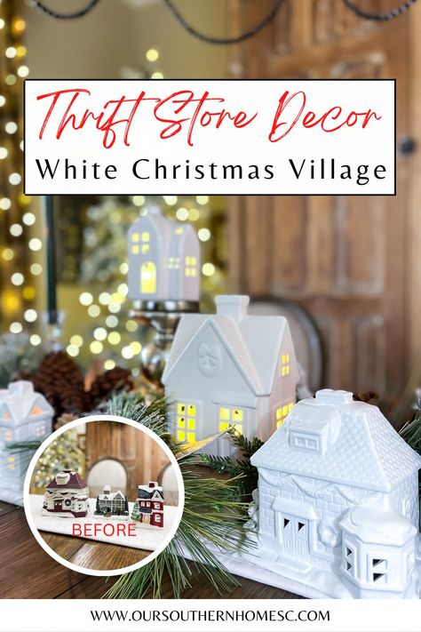 White Christmas Village, Diy Christmas Village Houses, Crafts 2024, Thrift Store Decor, Diy Christmas Village, Christmas Village Houses, Christmas Village Display, Unique Christmas Trees, Holiday Village