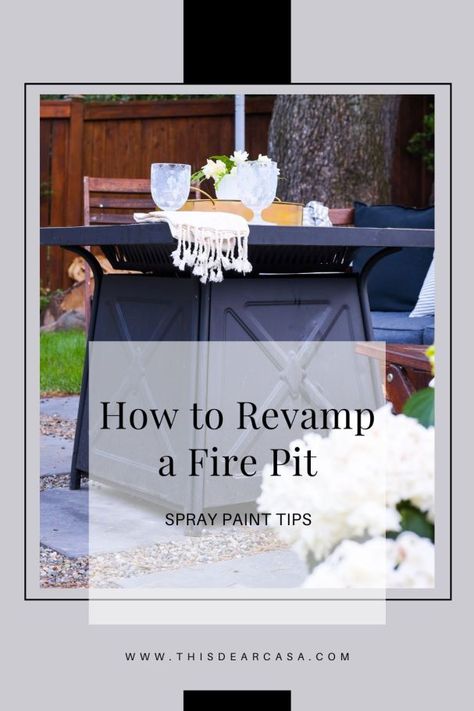 Fire Table Makeover, Propane Fire Pit Makeover, Fire Table Diy, Fire Pit Table Ideas, Fire Pit Makeover, Fire Pit Edging, Paint Tips And Tricks, Fire Pit Sphere, Fire Pit Top