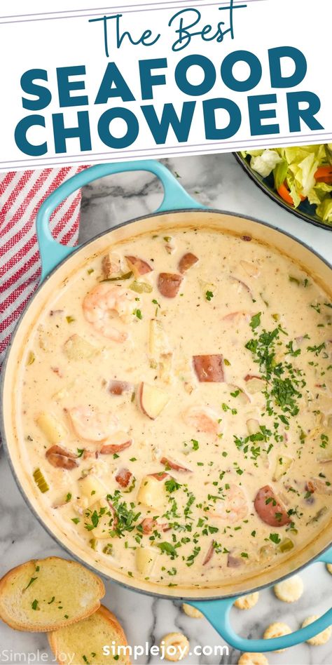 Seafood Chowder With Scallops, Recipe For Seafood Chowder, Seafood Stock Recipes Dishes, Chowder Base Recipe, Fish And Shrimp Soup Seafood Stew, Seafood Corn Chowder Recipe, Sea Food Chowder Recipes, Crock Pot Seafood Chowder, Cheesy Seafood Chowder