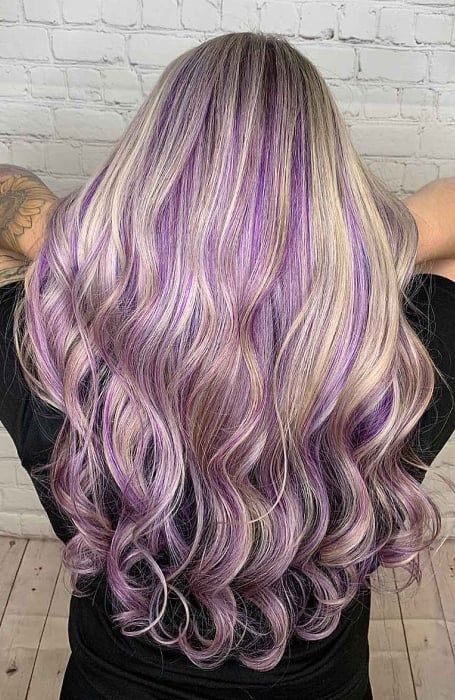 Blonde And Purple Hair Highlights, Blonde Hair With Dark Purple Highlights, Dyed Hair For Dirty Blonde, Purple Highlights Dark Blonde Hair, Violet Highlights In Blonde Hair, Purple Hair Dye Ideas For Blondes, Purple On Blonde Hair, Dark Blonde Hair With Purple Highlights, Dirty Blonde Hair With Purple Highlights