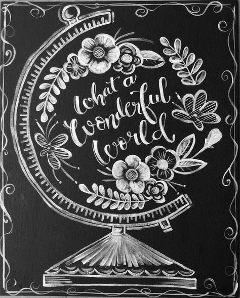 Wonderful World Social Art Working pattern in my own chalkboard design! Love! #hopemalott #studio511artandsoul  #socialArtworking #wonderfulworld #chalkboard #globes Spring Chalkboard Art, Papan Tulis Kapur, Spring Chalkboard, Blackboard Art, Chalk Wall, Chalkboard Drawings, Chalkboard Lettering, Chalk Lettering, What A Wonderful World